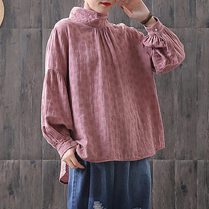Dots Women Turtleneck Lantern Sleeve Blouse