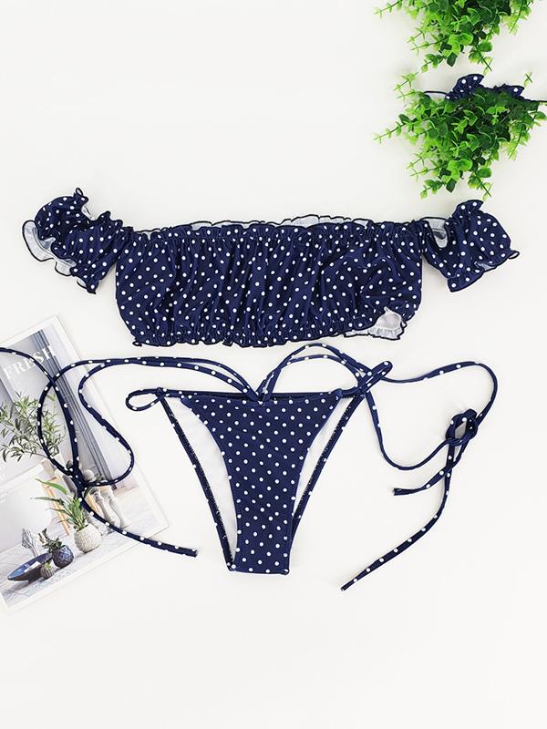 Polka-Dot Short Sleeves Bandage Split Bikini Swimsuit