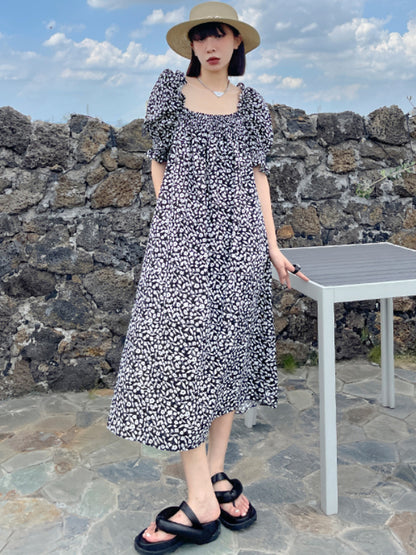 Fashion Floral Printed Square-Neck Puff Sleeves A-Line Midi Dress