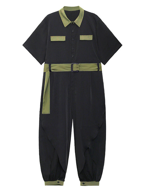 Stylish Belted Polo Collar Half Sleeve High-Waisted Jumpsuits