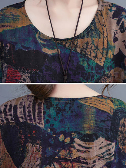 Stylish Printed Round-Neck Loose Batwing Sleeve Midi Dress