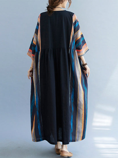 Vintage Split-Joint Round-Neck Loose Batwing Sleeve Midi Dress