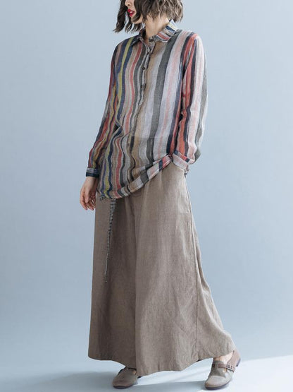 Lapel Striped Blouse&Solid Wide Leg Pants Suits