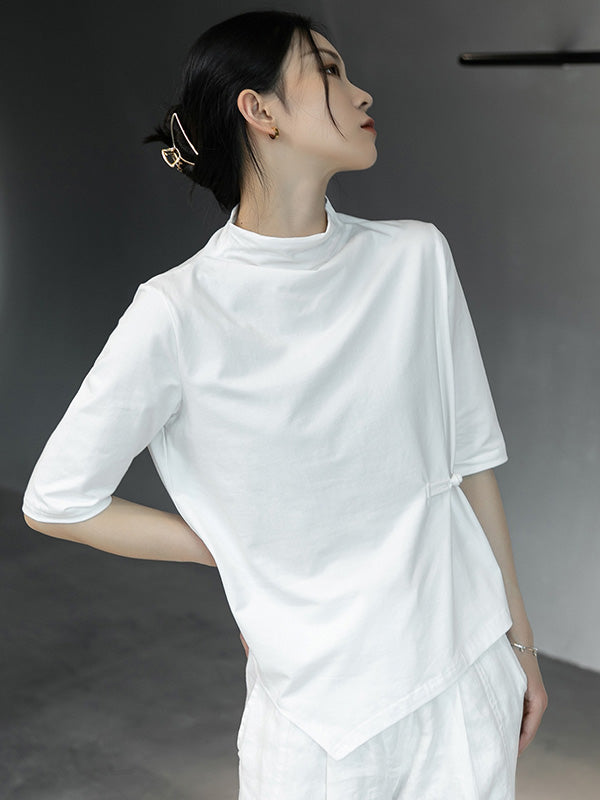 Simple White Stand Collar Half Sleeve Asymmetric T-Shirt