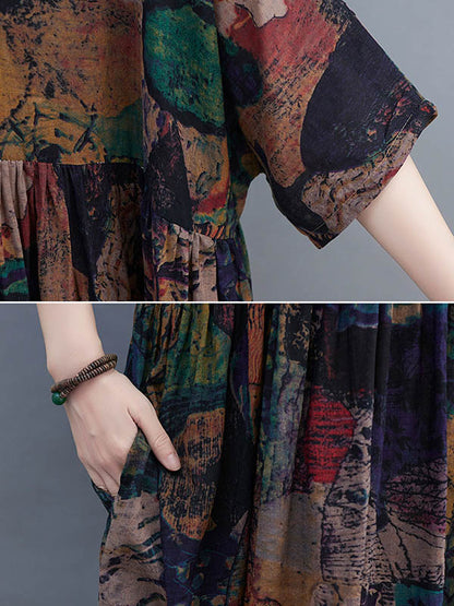 Stylish Printed Round-Neck Loose Batwing Sleeve Midi Dress