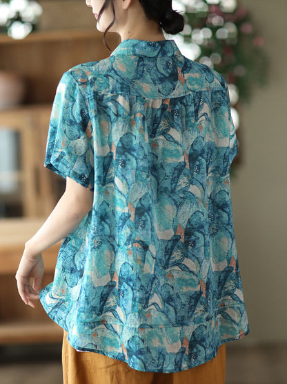 Vintage Artistic Retro Loose Floral Printed Ramie Cotton Blouse