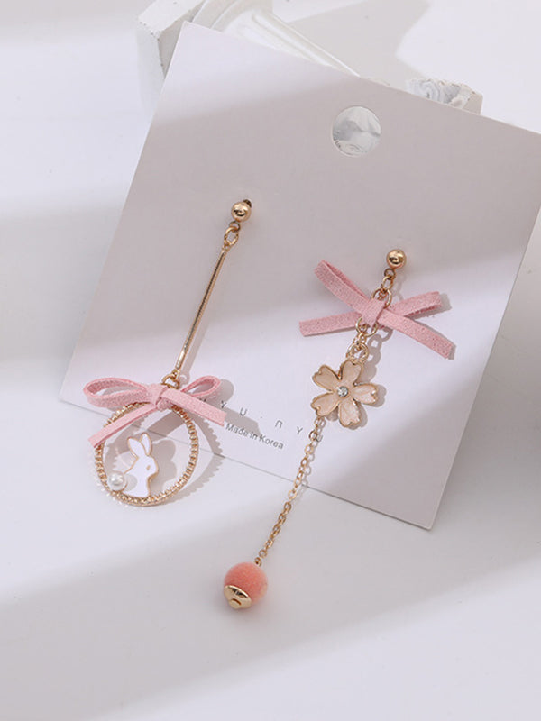 Cute Flower Rabbit Shape Bow-Embellished Asymmetric Earrings