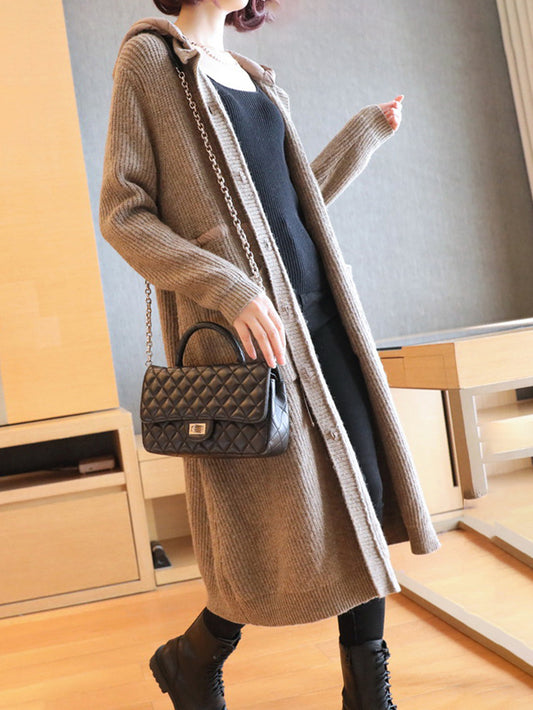 Casual Loose Solid Color Split-Joint With Pocket Buttoned Drawstring Hooded Long Sleeves Knitted Cardigan Outwear