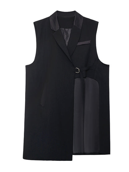 Cool Irregular Solid Color Split-Joint With Pocket Tied Notched Collar Sleeveless Vest Outwear