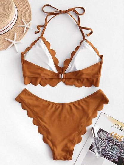 Solid Color Scalloped Bandage  Split Bikini Swimsuit