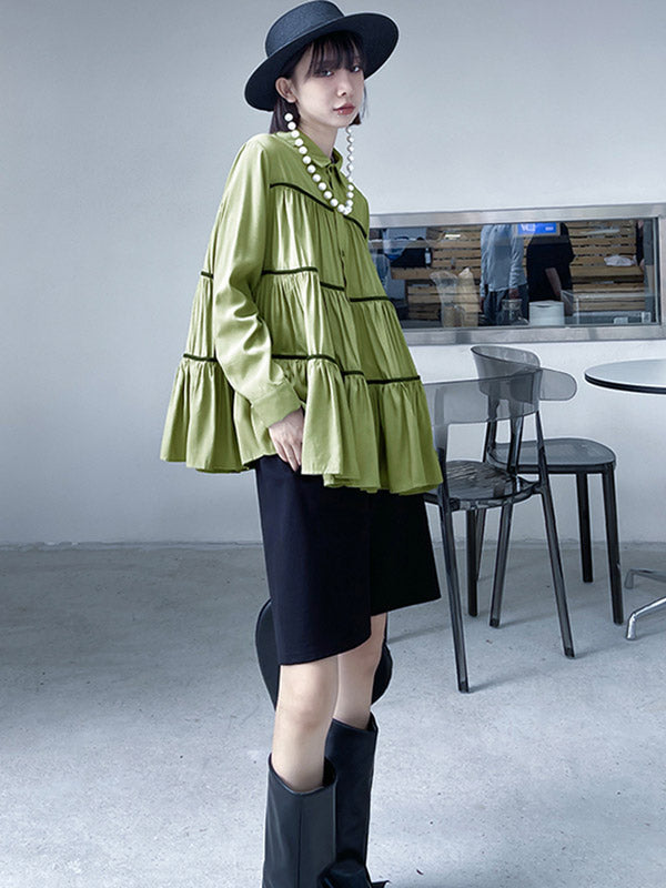 Original Buttoned Pleated Lapel Long Sleeves Blouse Tops