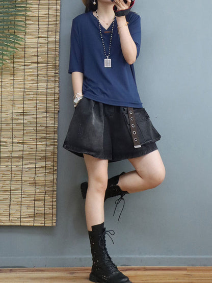 Simple Solid Color V-Neck Short Sleeves T-Shirt Tops