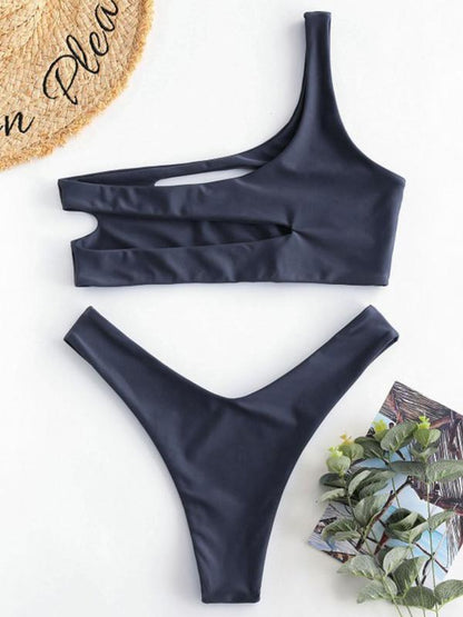 One Shoulder Plain Hollow Bikini Set