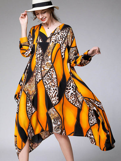 Casual Loose Split-Joint Contrast Color Leopard Floral Printed Lapel Collar Long Sleeves Midi Dress