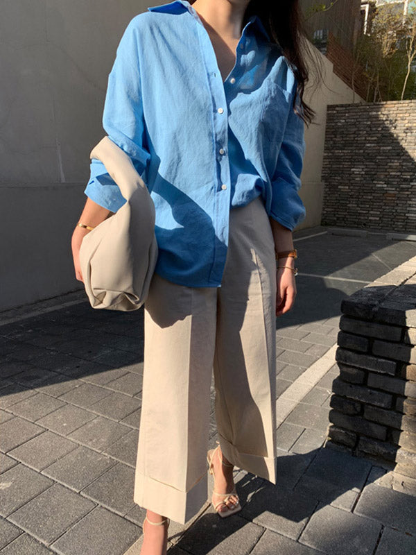 Urban Ramie Cotton Solid Color Lapel Long Sleeves Blouse