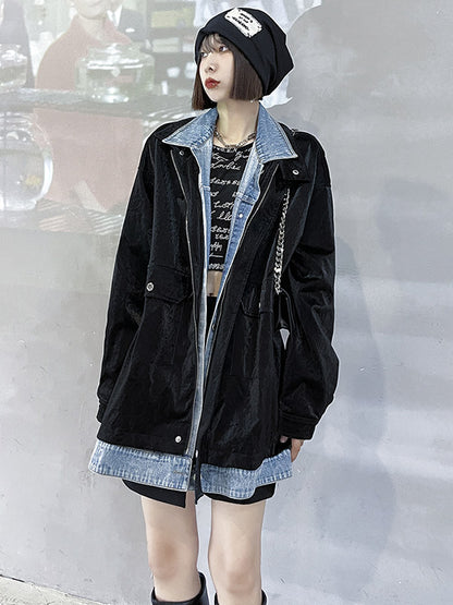 Original Stylish Cool Denim Split-Joint With Pocket Buttoned Lapel Collar Long Sleeves False Two Outwear