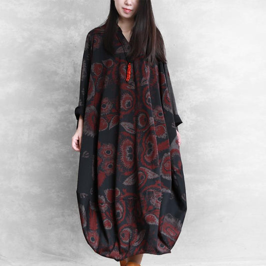 Buykud V-neck Printed Casual Ultra-loose O-Type Dress