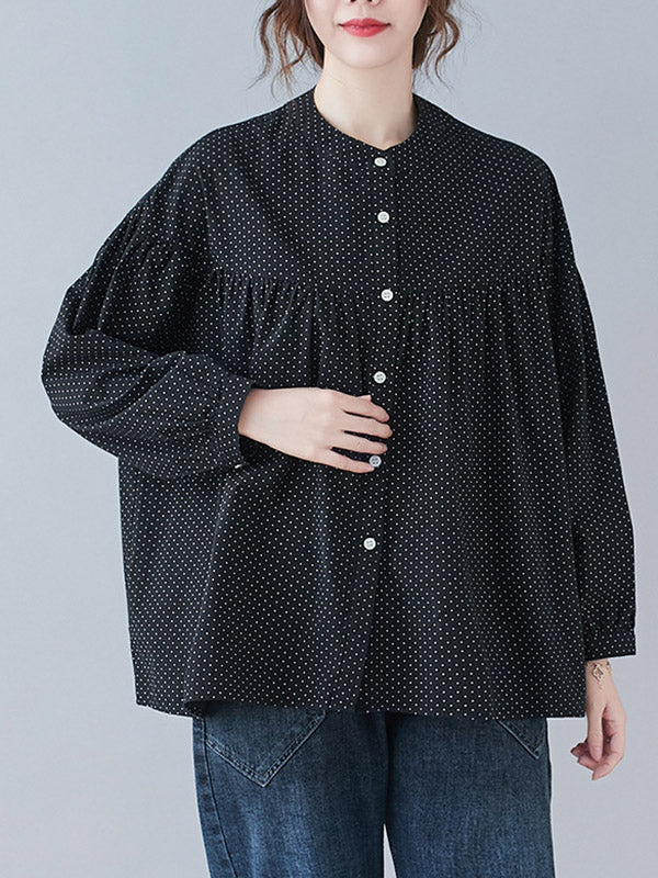 Casual Polka-Dot Buttoned Pleated Lapel Collar Long Sleeves Blouse
