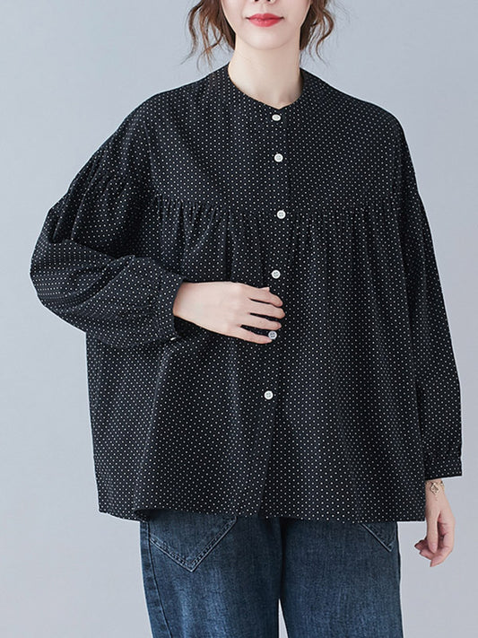 Casual Polka-Dot Buttoned Pleated Lapel Collar Long Sleeves Blouse