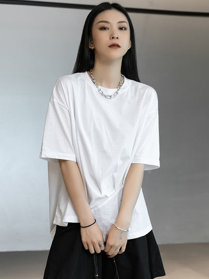 Stylish White Round-Neck Asymmetric Split-Joint T-Shirt