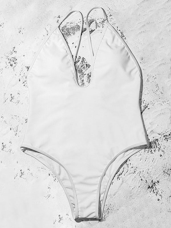 Solid Color Deep V-Neck Split Bikini Swimsuit