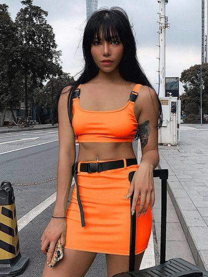Buckle Cropped Tanks And Skirts Sport Suits