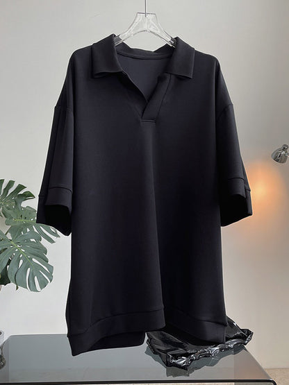 Girlish Loose Black&White V-Neck Half Sleeves T-Shirts