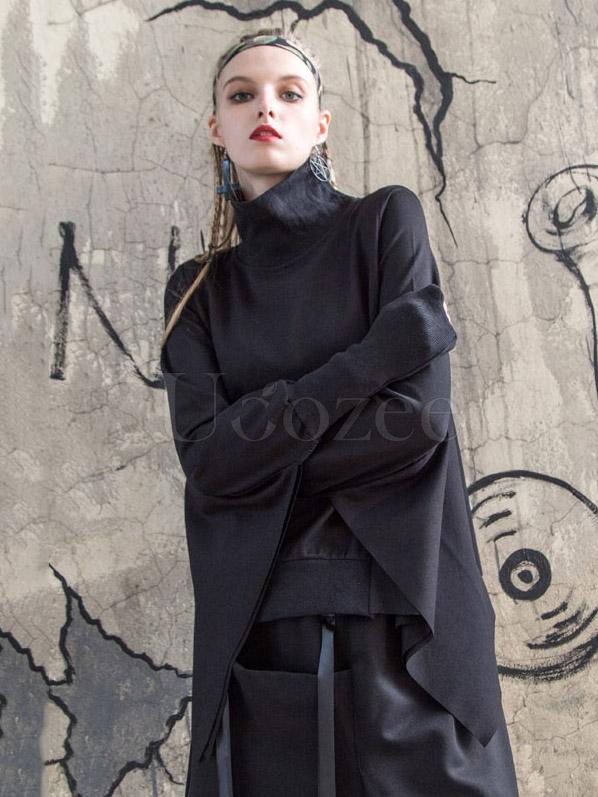 Black Batwing Sleeves High-neck Split-joint Sweatshirt