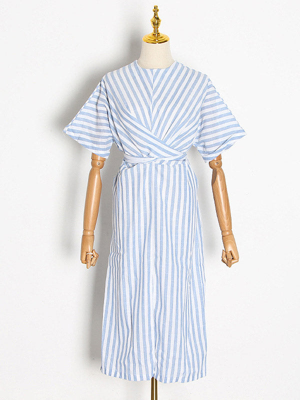 Stylish Striped Round-Neck Raglan Sleeve Midi Dress
