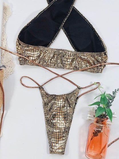 Snake-Print Bandage Split Bikini Swimsuit