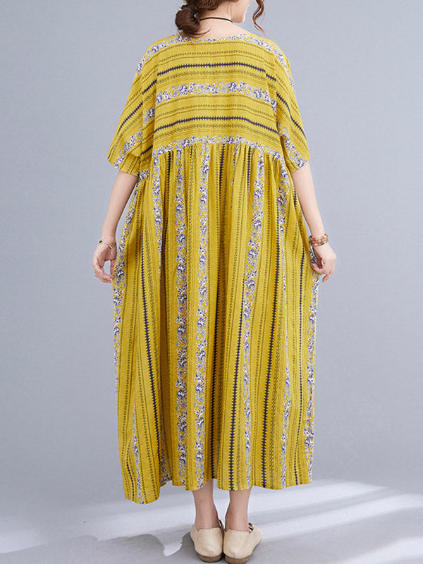 Vintage Striped Printed Round-Neck Short Sleeves Midi Dress