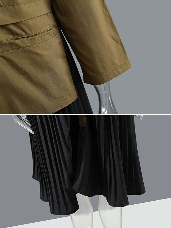 Original Pleated Split-Joint With Pocket Buttoned Lapel Collar Long Sleeves Midi Shirt Dress
