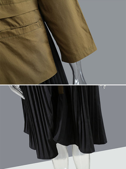 Original Pleated Split-Joint With Pocket Buttoned Lapel Collar Long Sleeves Midi Shirt Dress