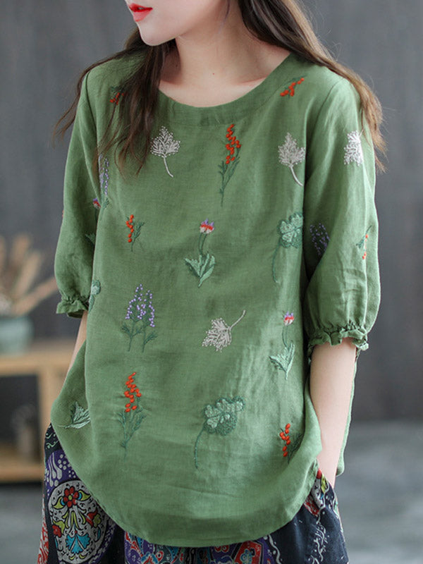 Ramie Cotton Embroidered Round-Neck Short Sleeve T-Shirts Tops