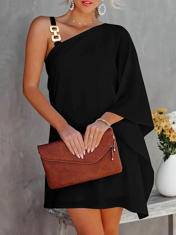 Original Loose One-Shoulder Black Mini Dress