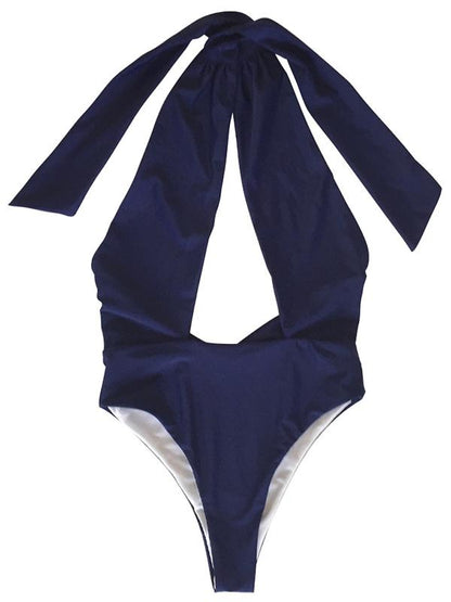 Solid Bandage Halter-neck One-piece Swimwear