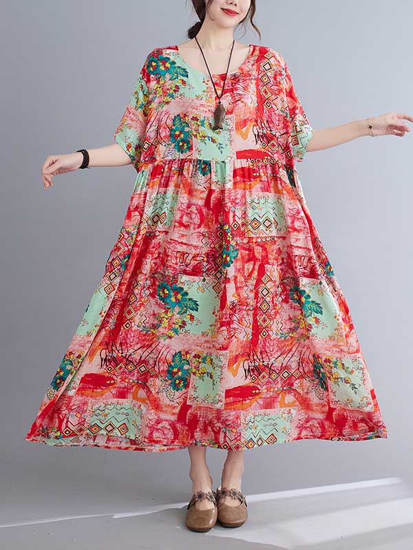 Vintage Floral Printed Round-Neck Short Sleeves Midi Dress