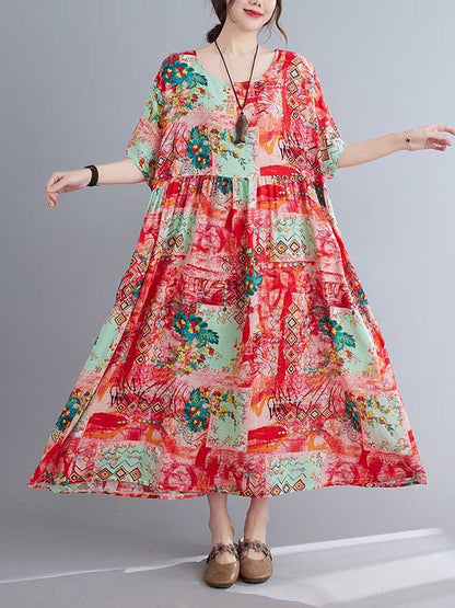 Vintage Floral Printed Round-Neck Short Sleeves Midi Dress