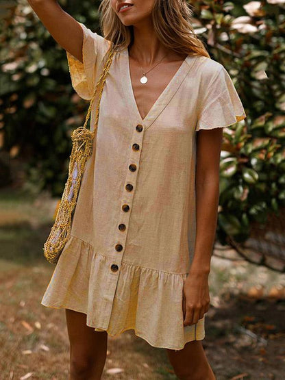 Simple Falbala Hem V-neck Mini Dress