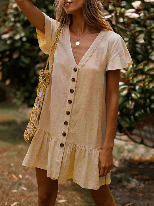 Simple Falbala Hem V-neck Mini Dress