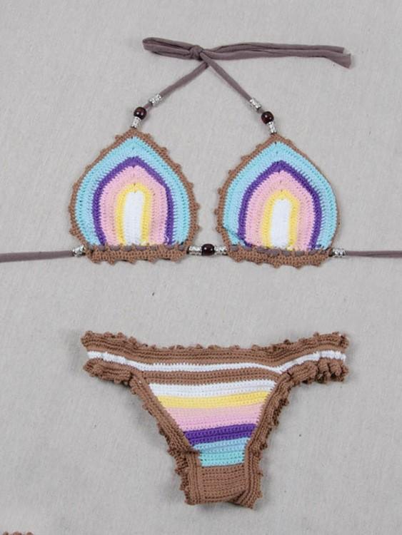 Crochet Split-Joint Bandage Triangles Split Bikini Swimsuit