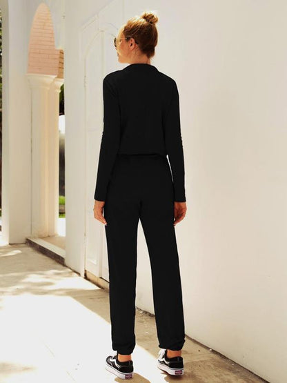 Solid Zipper Drawstring Jumpsuits