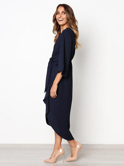 Solid Color Bandage Fabala Long Sleeves Midi Dress