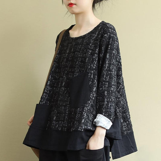 Buykud Asymmetrical Pockets Spliced Loose Pullover Blouse