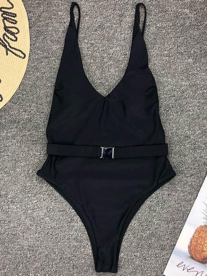 Plain Insert The Belt Buckle One-piece Swimsuit
