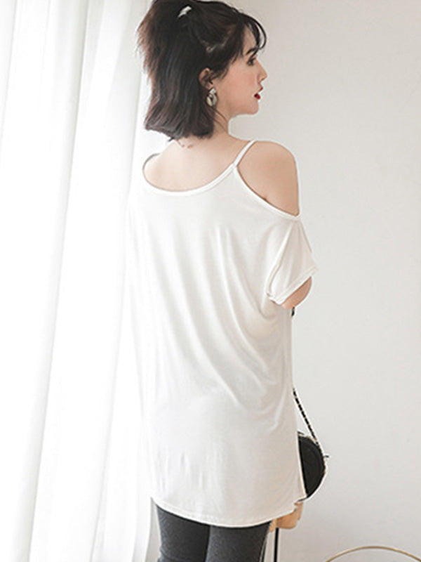 Casual Solid Color Asymmetric Cold Shoulder Spaghetti-Neck T-Shirt