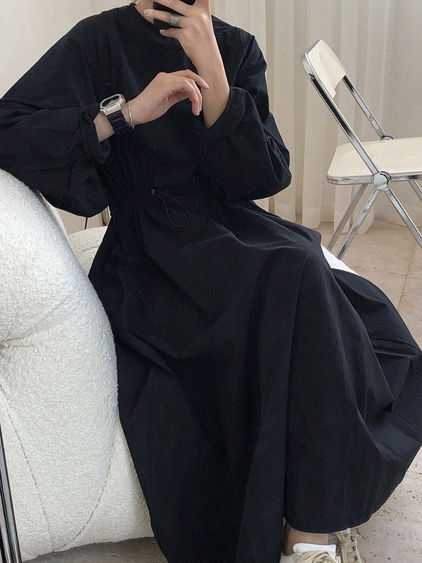 Simple Solid Color Round-Neck Pleated Long Sleeves Midi Dress