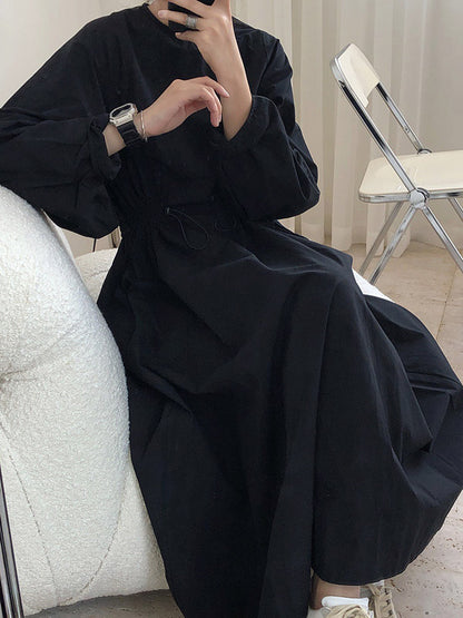 Simple Solid Color Round-Neck Pleated Long Sleeves Midi Dress