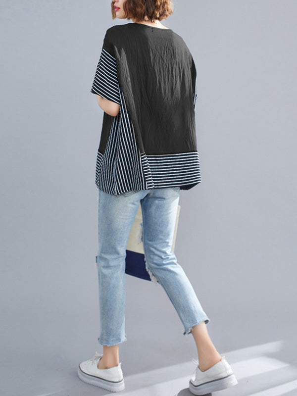 Vintage Ramie Cotton Striped Split-Joint Batwing Sleeves Round-Neck T-Shirt