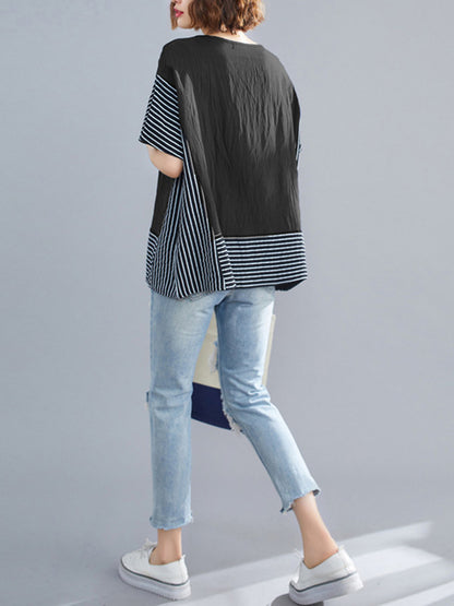 Vintage Ramie Cotton Striped Split-Joint Batwing Sleeves Round-Neck T-Shirt